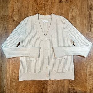 Women’s LOFT Cozy Ribbed Tan Cardigan Size Large Khaki Oatmeal Off White Beige